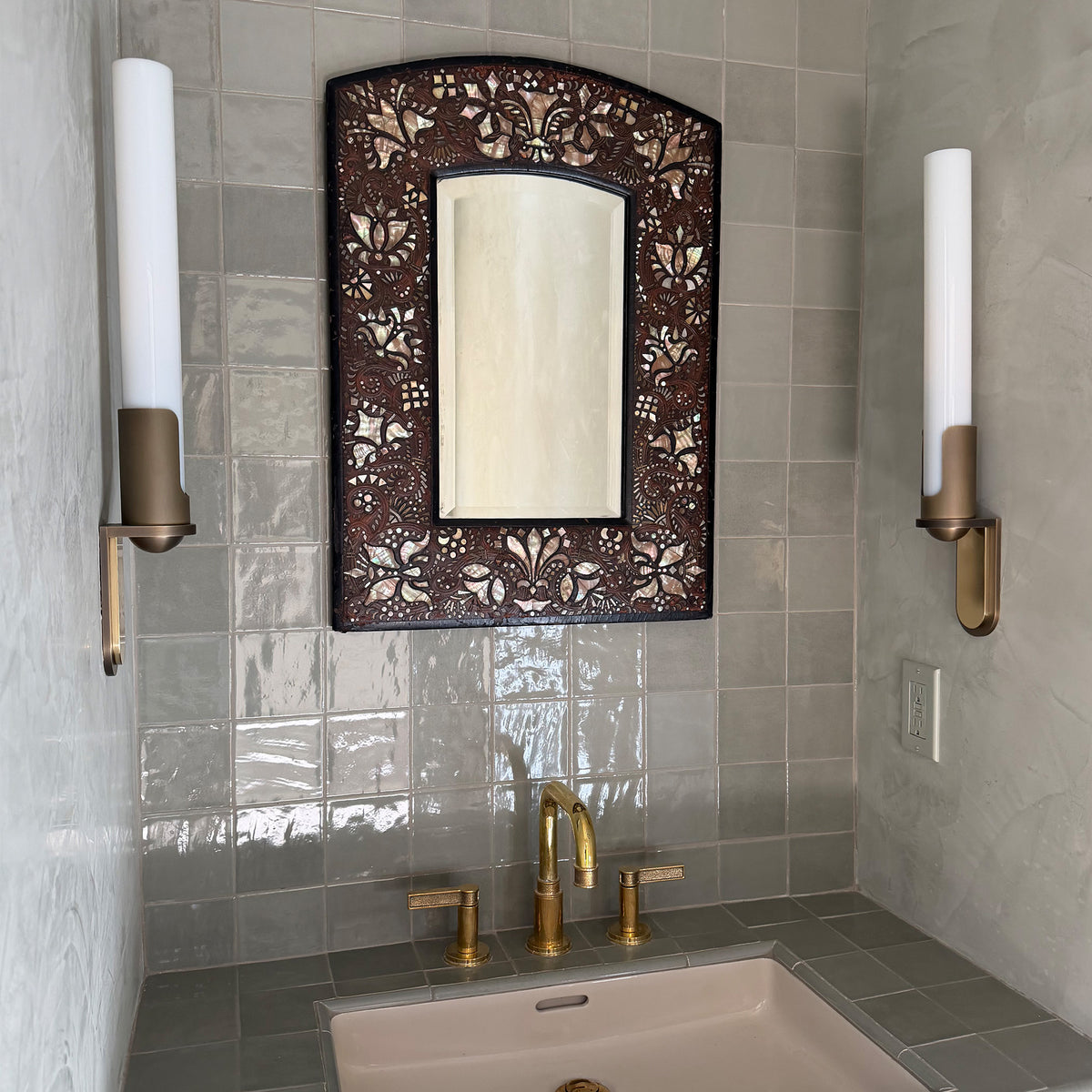 4x4 Hampstead Garden Green bathroom sink install with gold finishes
