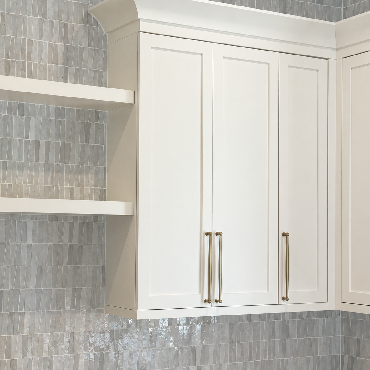 HW Tile Angled Stack Zellige Mosaic Stone kitchen backsplash with white cabinet and shelves