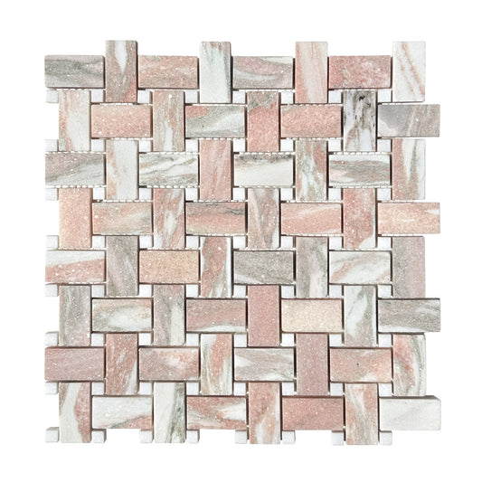 HW Tile Rosa Marble and Thassos Honed Basketweave Marble